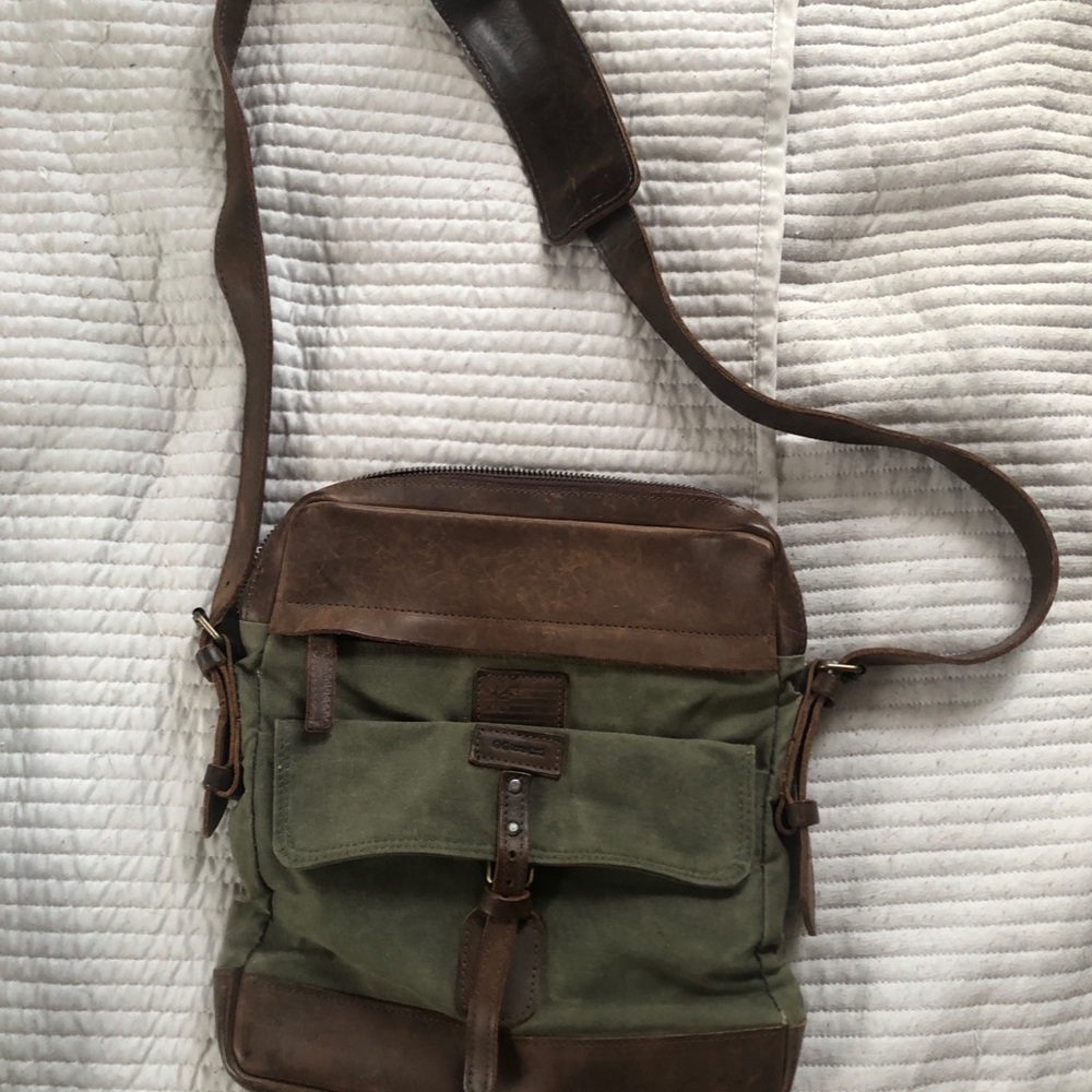 Leather and Green Canvas Messenger Bag